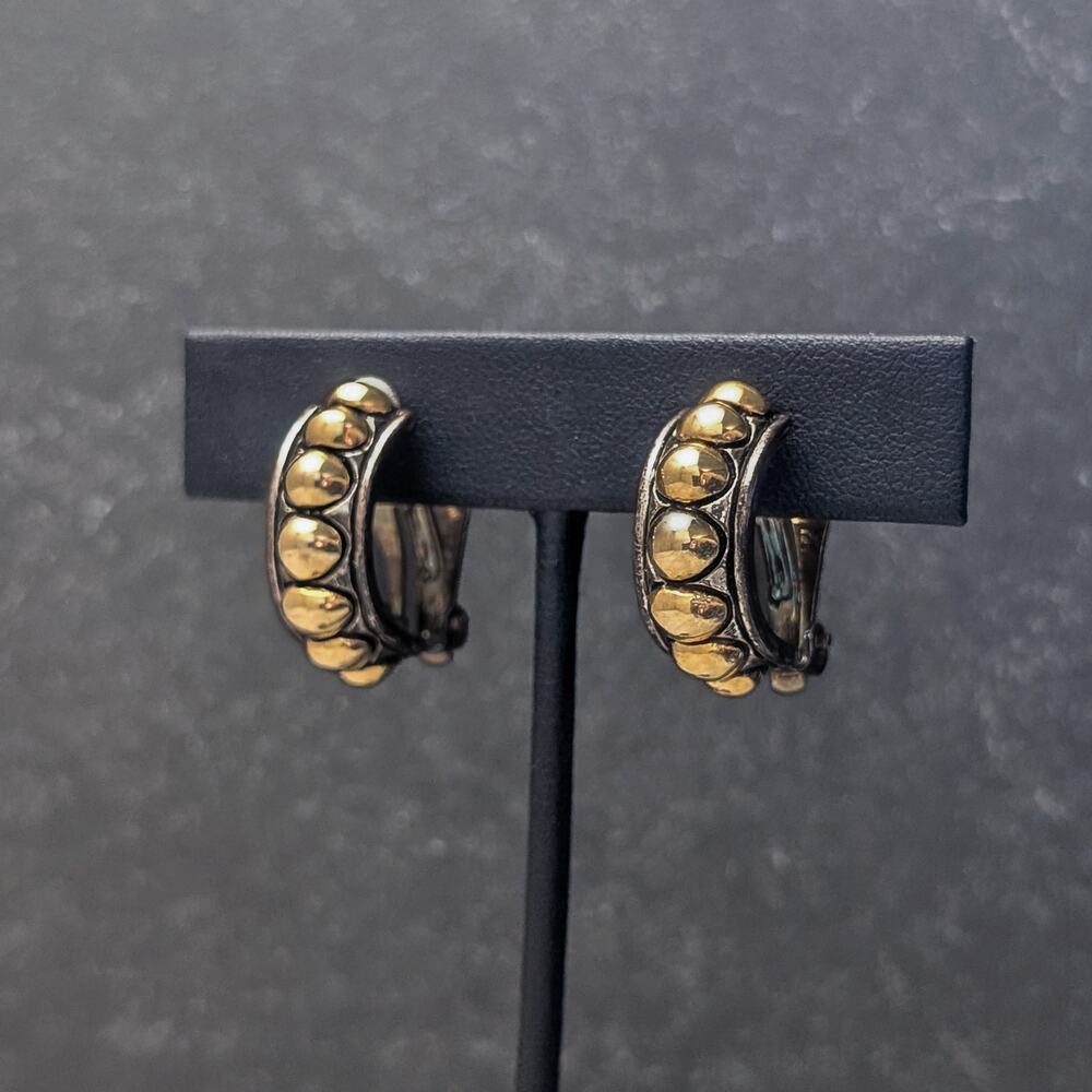 Vintage Clip On Earrings Half Hoop Dark Metal (Tarnished) & Gold Tone 1"